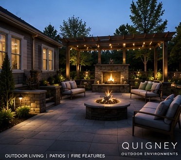 Outdoor living patio with a custom fire feature and seating area