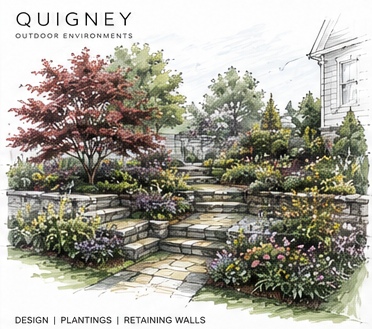 Hand-drawn rendering of a planting plan and retaining wall